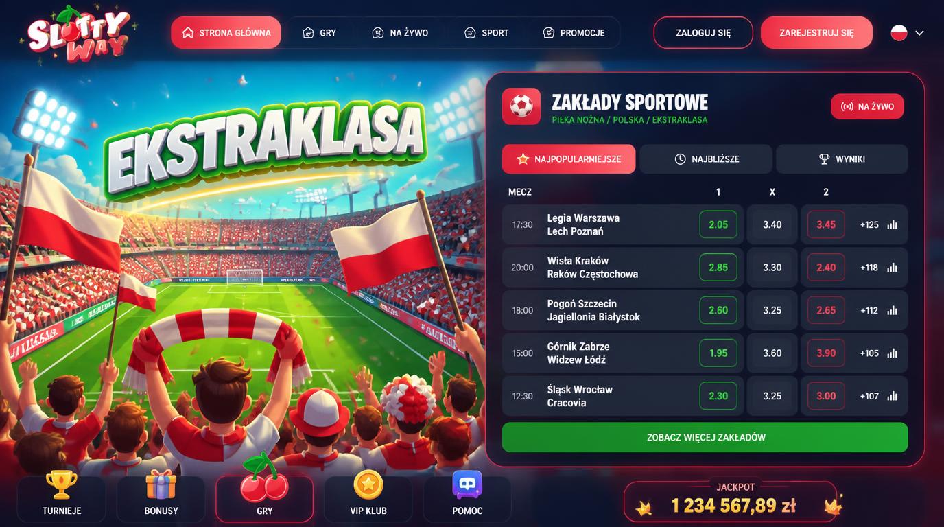 Interfejs kasyna z ofertą meczów Ekstraklasy