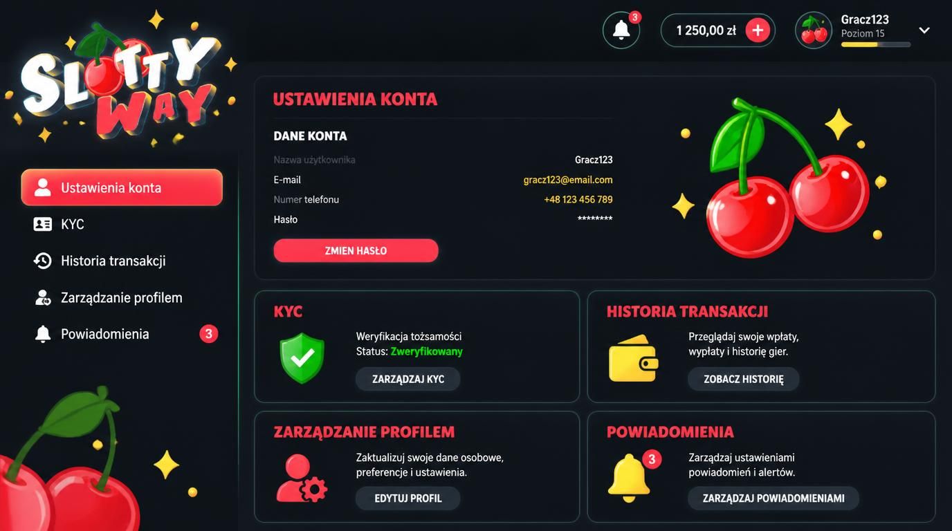 funkcje konta w aplikacji Slottyway – profil, KYC, historia transakcji