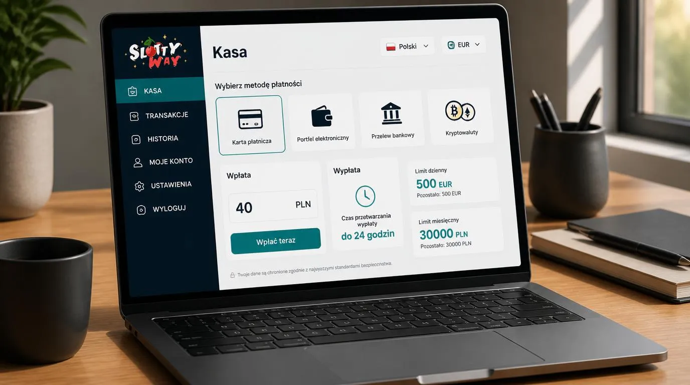 Panel kasy kasyna z wyborem kart, portfeli, kryptowalut oraz polskiego języka i waluty konta
