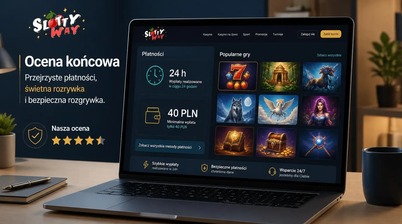 Panel kasyna z zegarem 24 h, kwotą depozytu 40 PLN i miniaturami gier na ekranie laptopa